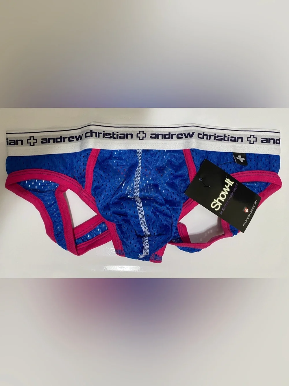 NWT! Andrew Christian Air Jock w/Show-it MED Royal/Fuchsia